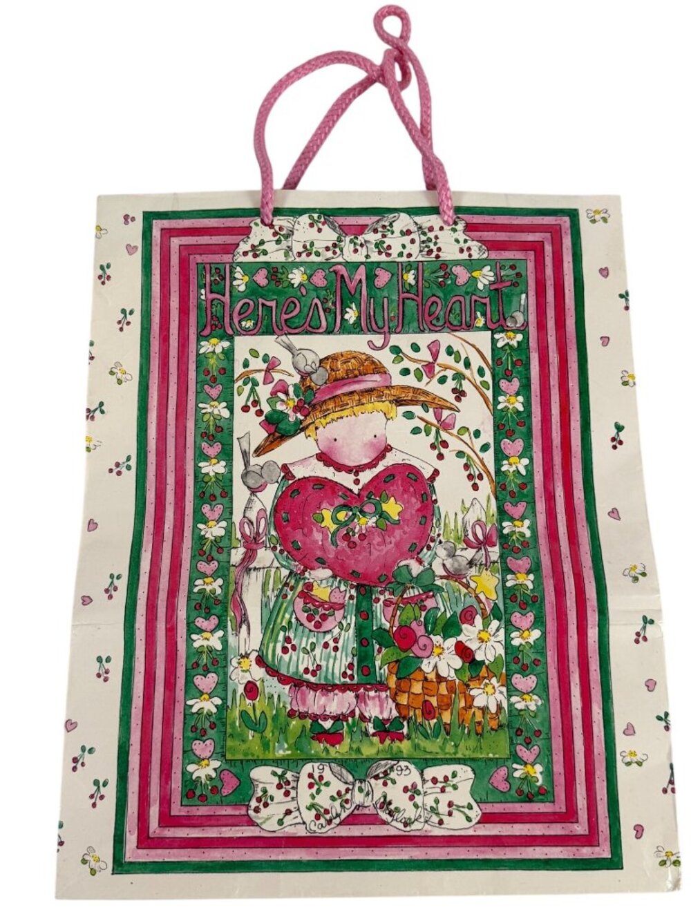 Vintage Here's My Heart Gift Bag Carolyn Blaylock 1995 Cottage Granny Core Heart
